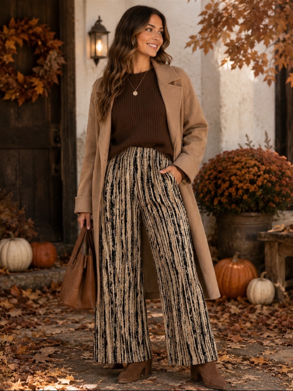 Fall comfortable size medium elastic waist pants in tan and black print